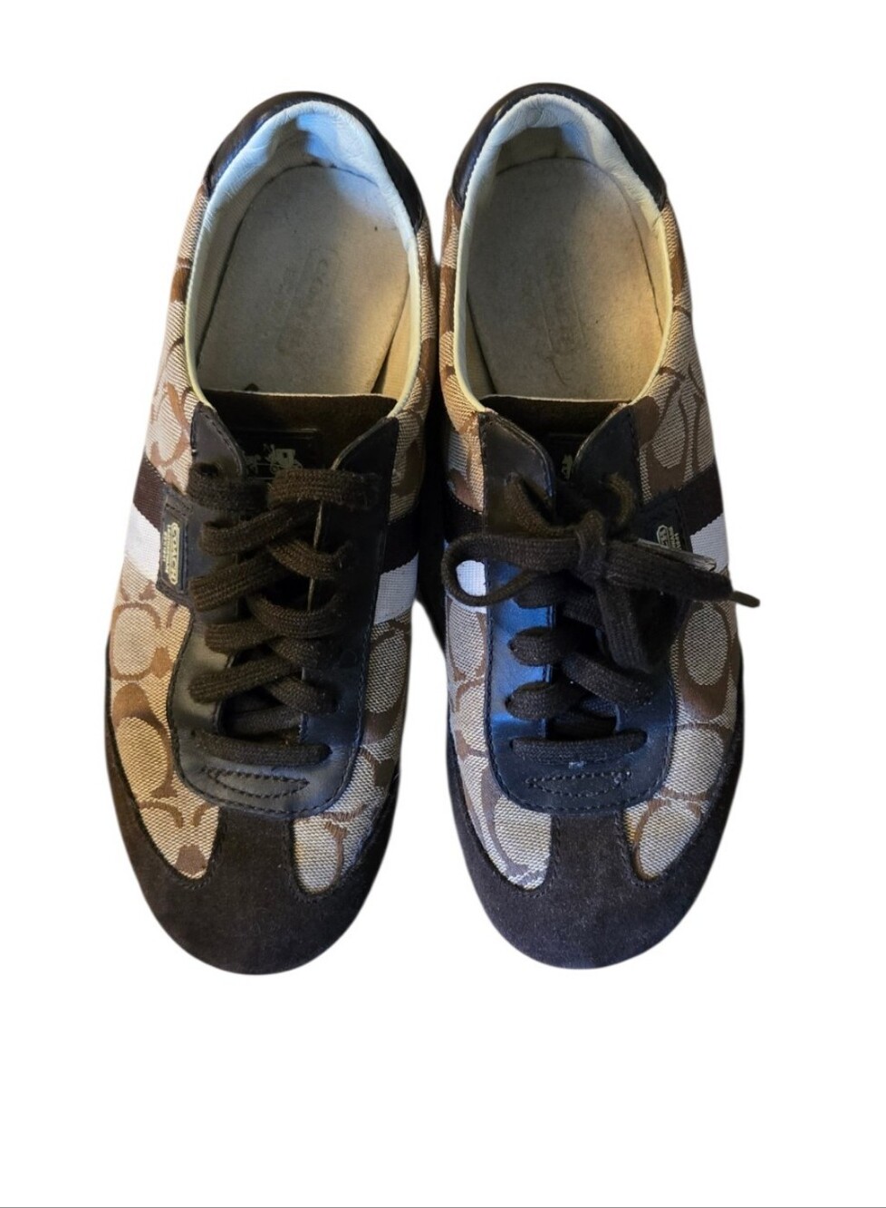 Coach Brown Signature Canvas Sneakers with Brown Accents and White Stripe